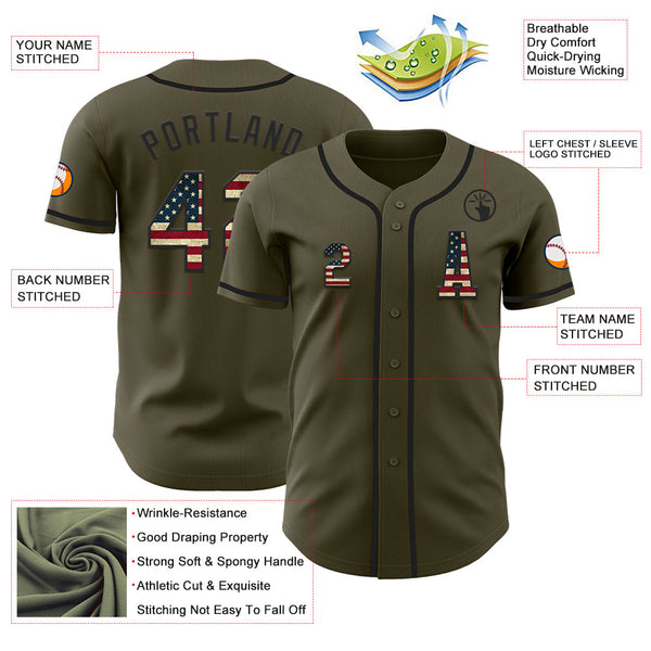 Custom Olive Vintage USA Flag-Black Authentic Salute To Service Baseball Jersey alternate