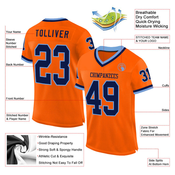 Custom Orange Navy-Light Blue Mesh Authentic Throwback Football Jersey alternate