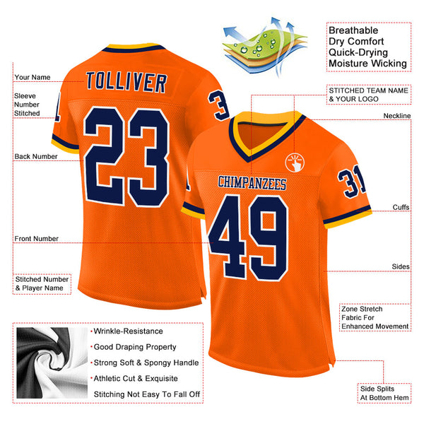 Custom Orange Navy-Gold Mesh Authentic Throwback Football Jersey alternate