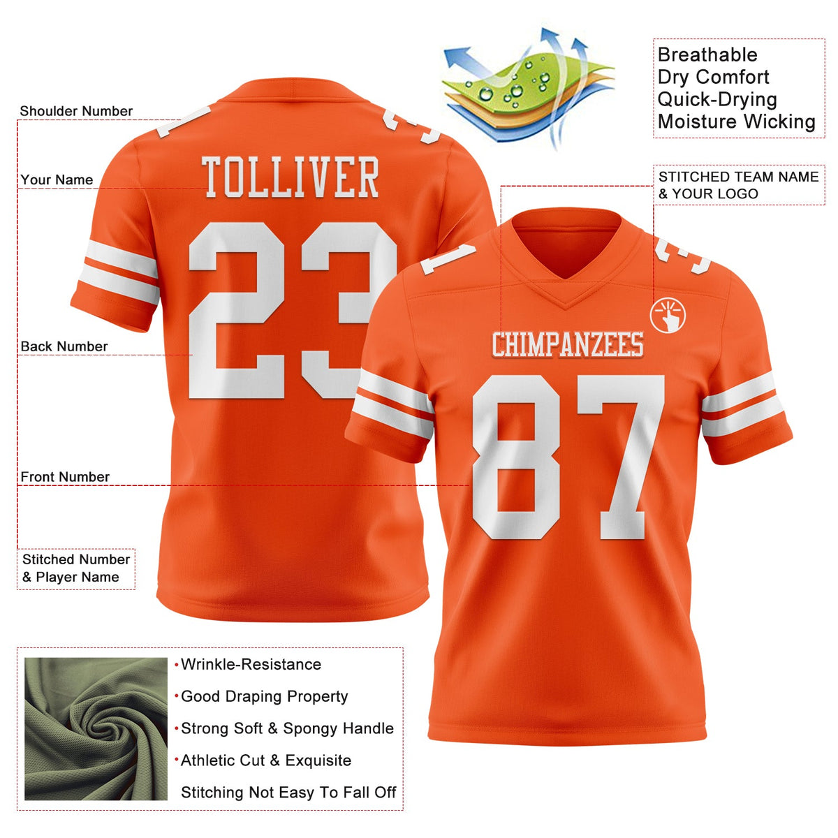 Custom Orange White Authentic Football Jersey - Front