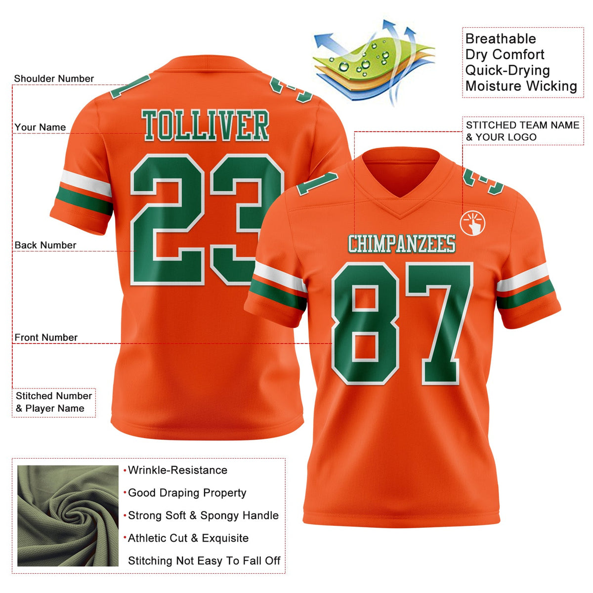 Custom Orange Kelly Green-White Authentic Football Jersey - Front