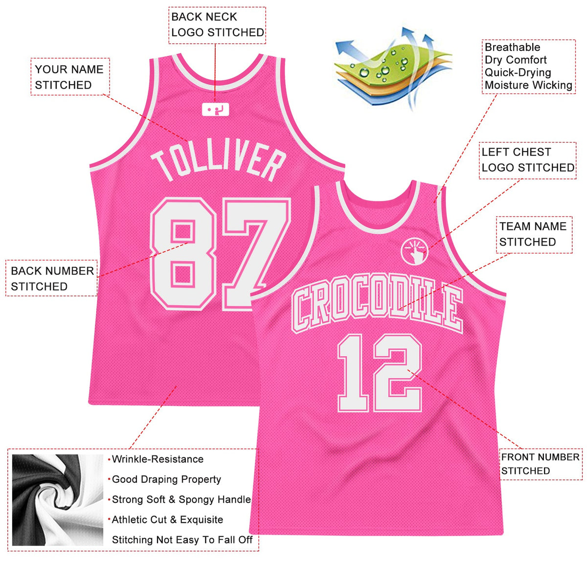 Custom Pink White Authentic Throwback Basketball Jersey - Back