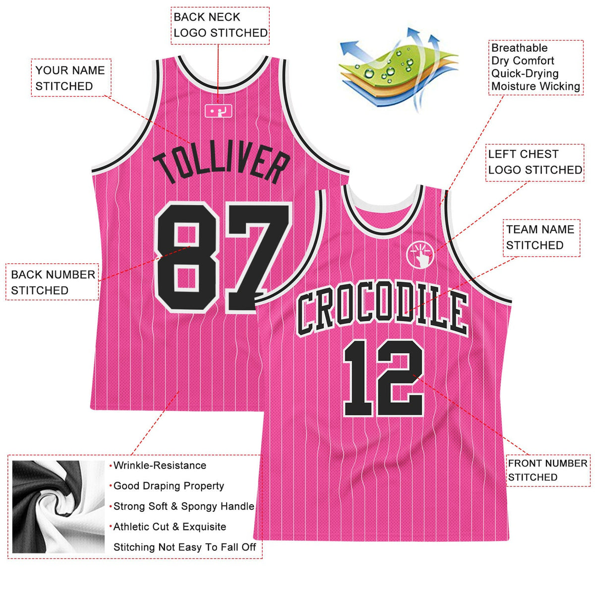 Custom Pink White Pinstripe Black-White Authentic Basketball Jersey - Back