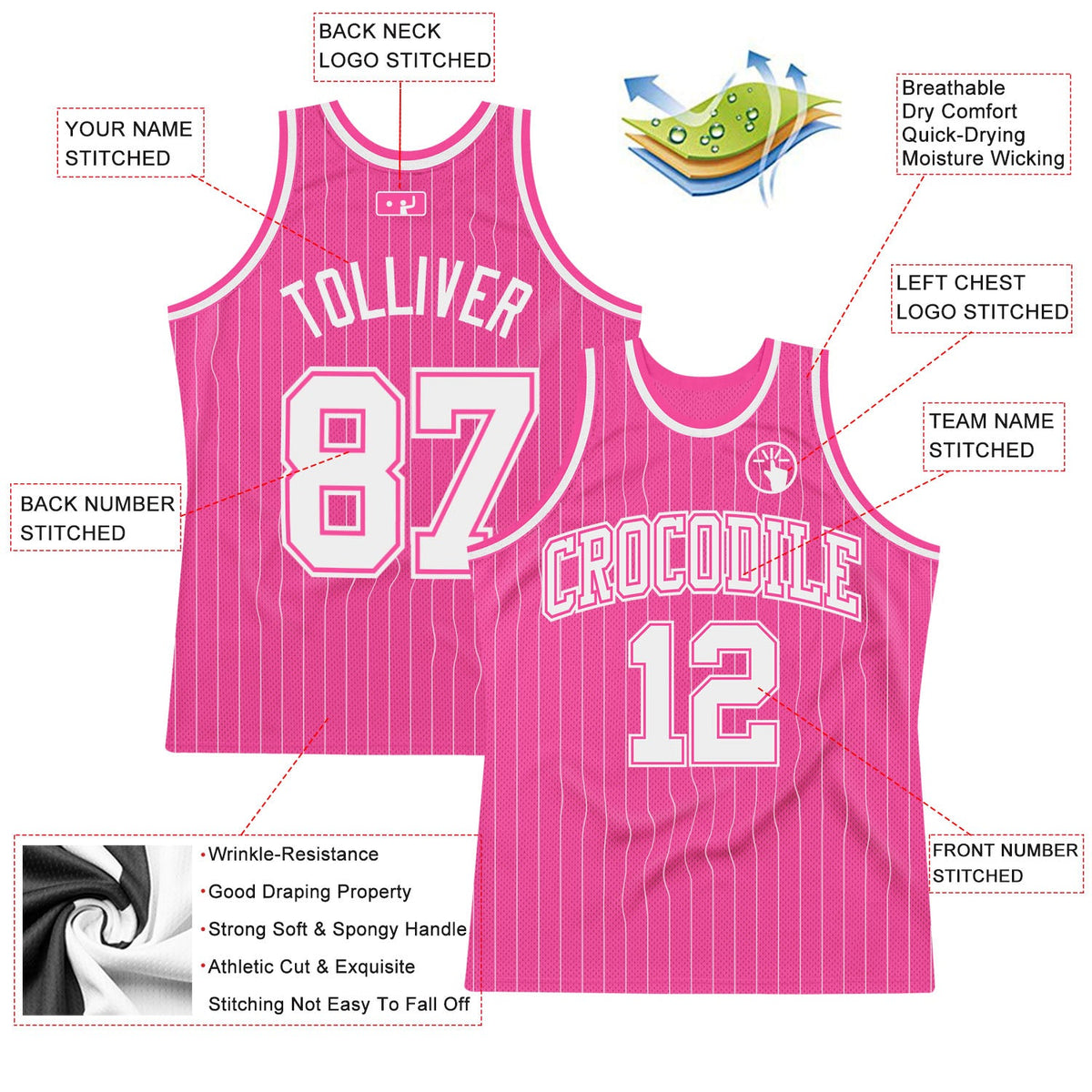 Custom Pink White Pinstripe White-Pink Authentic Basketball Jersey - Back