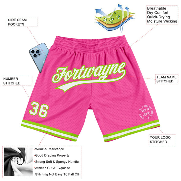 Custom Pink White-Neon Green Authentic Throwback Basketball Shorts alternate