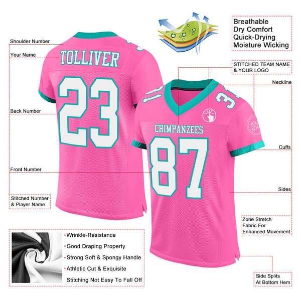 Custom Pink White-Aqua Mesh Authentic Football Jersey alternate