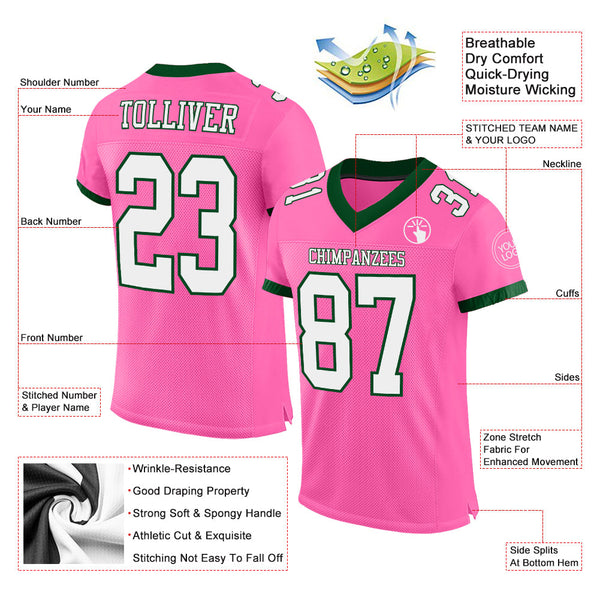 Custom Pink White-Green Mesh Authentic Football Jersey alternate