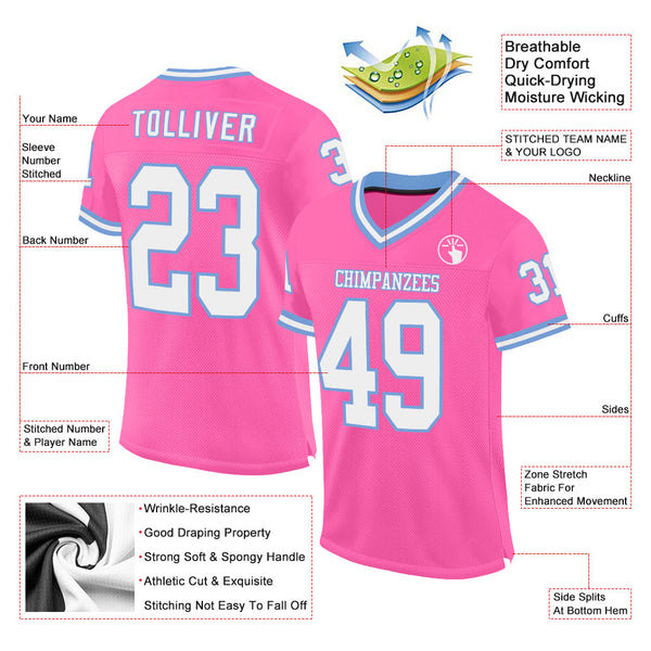Custom Pink White-Light Blue Mesh Authentic Throwback Football Jersey alternate