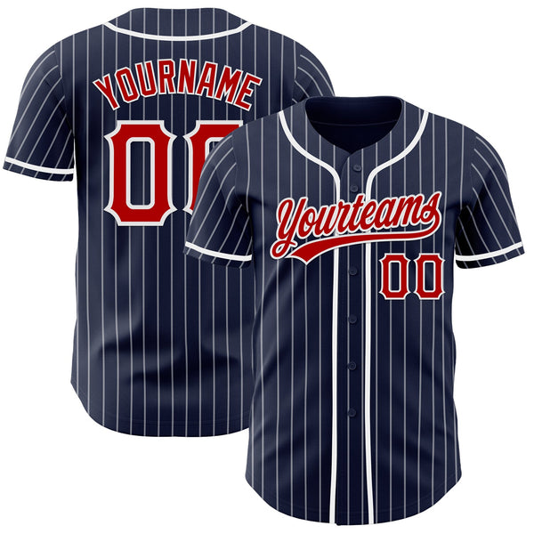 Custom Navy White Pinstripe Red-White Authentic Baseball Jersey