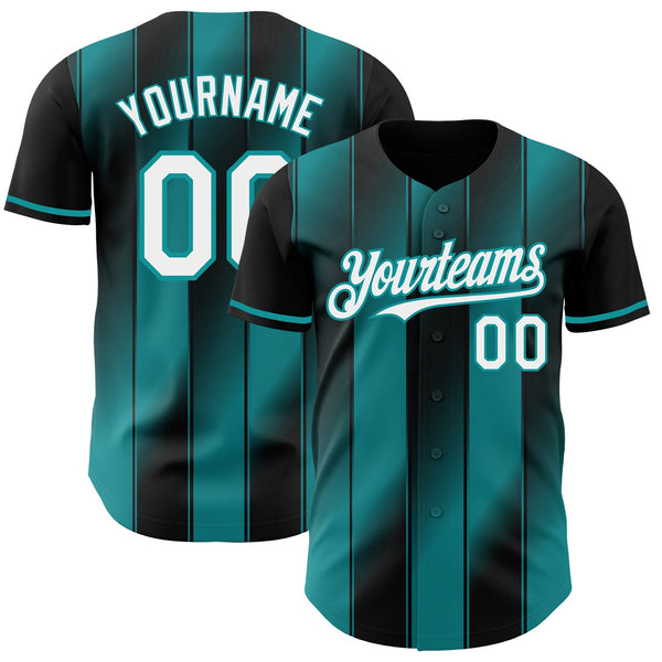 Custom Black White-Teal Gradient Classic Vertical Stripe Authentic Baseball Jersey