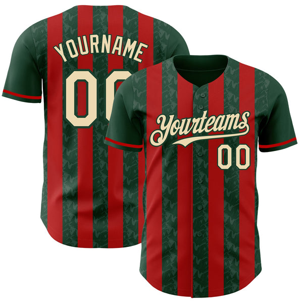 Custom Green Cream-Red Classic Vertical Stripe Fluid Liquid Texture Authentic Baseball Jersey