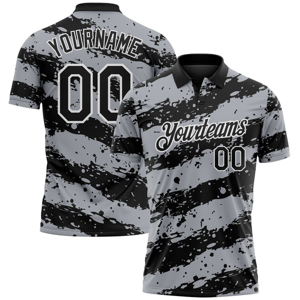 Custom Black Gray-White Paint Splash Stripe Performance Polo Shirt