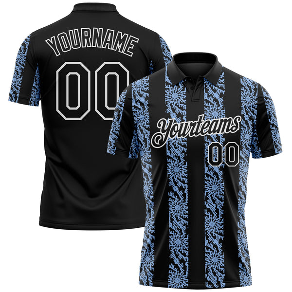 Custom Black Light Blue-White Abstract Floral Stripe Tribal Performance Polo Shirt