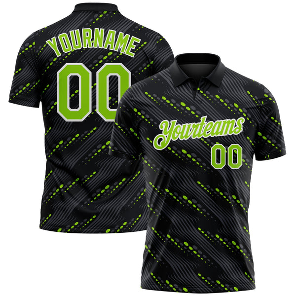 Custom Black Neon Green-White Slant Lines Cyber Mecha Tech Performance Polo Shirt
