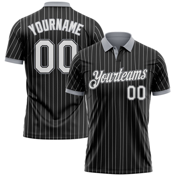 Custom Black White Pinstripe-Gray Performance Polo Shirt