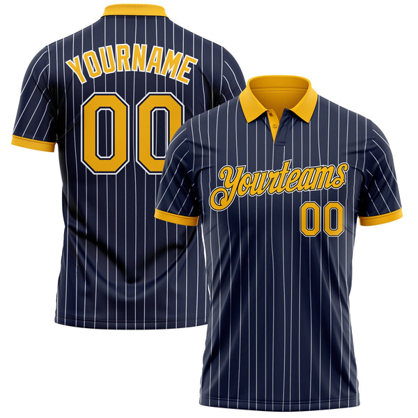 Custom Navy White Pinstripe-Gold Performance Polo Shirt