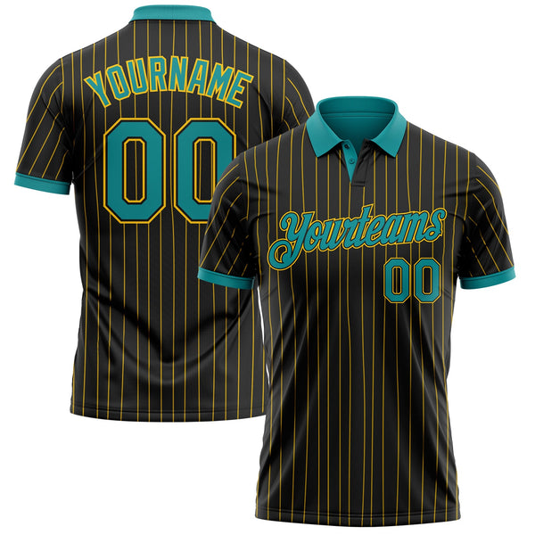 Custom Black Yellow Pinstripe-Teal Performance Polo Shirt