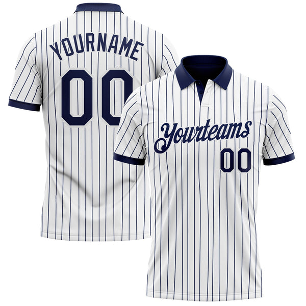 Custom White Navy Pinstripe-Navy Performance Polo Shirt