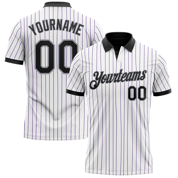 Custom White Purple Pinstripe Black-Gray Performance Polo Shirt