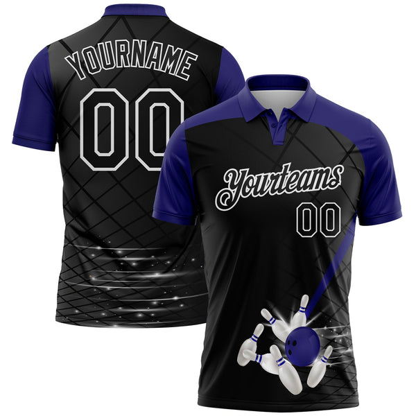 Custom Black Purple-White Bowling Geometric Grid Performance Polo Shirt