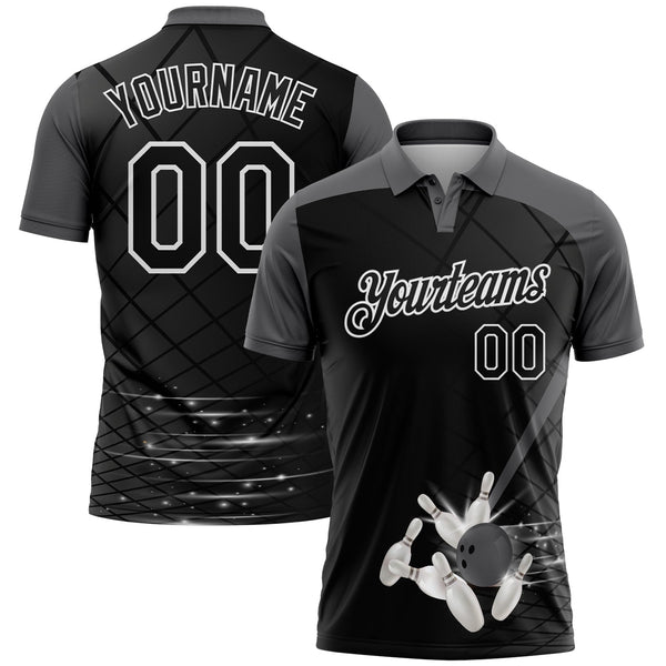 Custom Black Steel Gray-White Bowling Geometric Grid Performance Polo Shirt