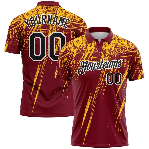 Custom Crimson Black Yellow-White Distressed Scratch Brush Stroke Performance Polo Shirt