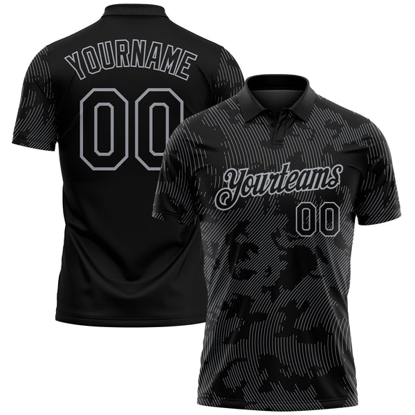 Custom Black-Gray 3D Pattern Abstract Fluid Line Performance Polo Shirt