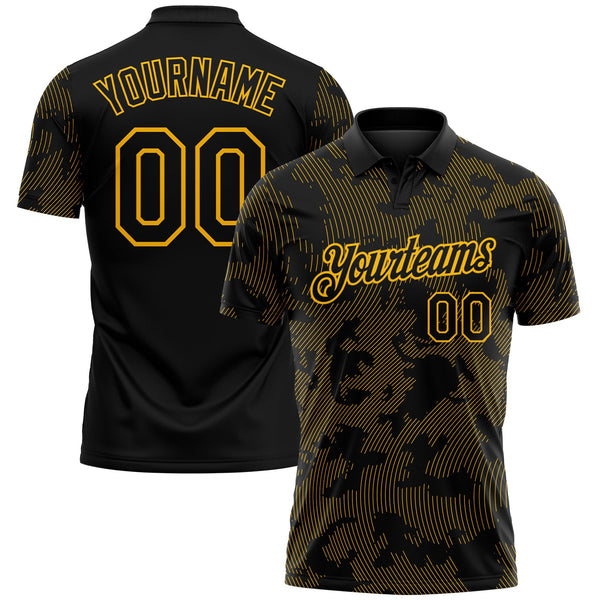 Custom Black-Gold 3D Pattern Abstract Fluid Line Performance Polo Shirt