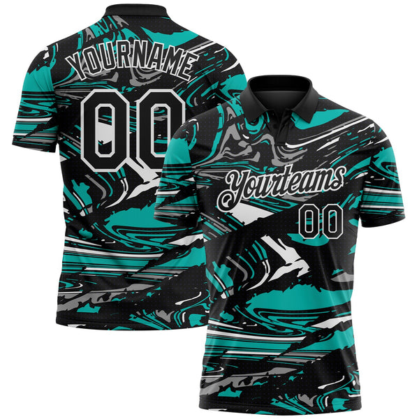 Custom Black Aqua Gray-White 3D Pattern Abstract Fluid Marble Performance Polo Shirt