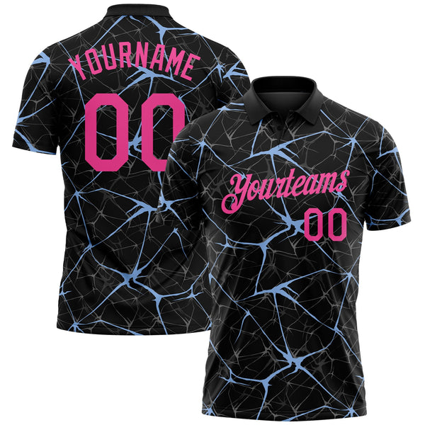 Custom Black Pink-Light Blue 3D Pattern Abstract Network Crackle Performance Polo Shirt
