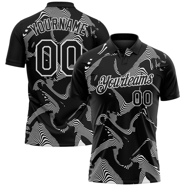 Custom Black-White 3D Pattern Abstract Fluid Swirl Line Performance Polo Shirt