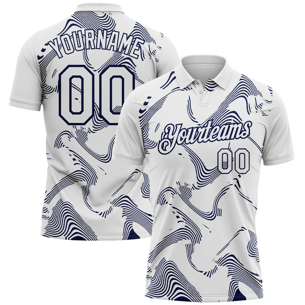 Custom White-Navy 3D Pattern Abstract Fluid Swirl Line Performance Polo Shirt