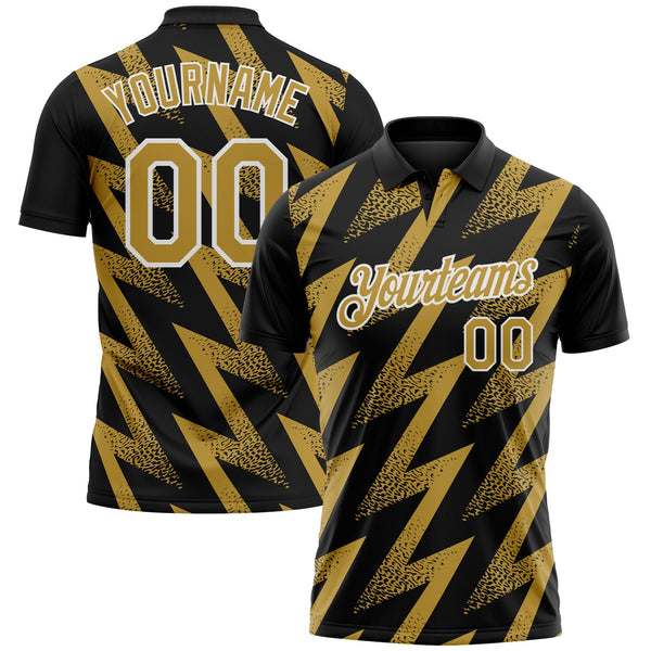 Custom Black Old Gold-White Geometric Zigzag Shape Lightning Performance Polo Shirt