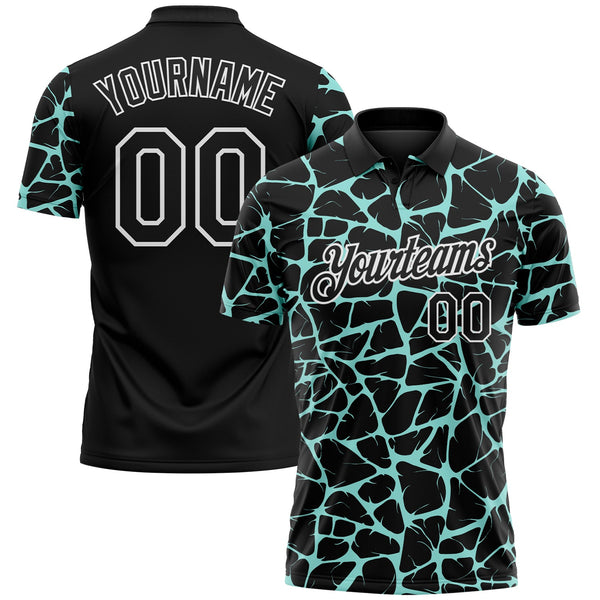 Custom Black Ice Blue-White 3D Pattern Abstract Network Crackle Performance Polo Shirt
