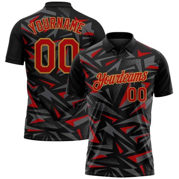 Custom Black Red Steel Gray-Old Gold Cyber Mecha E-sport Geometric Shards Spike Performance Polo Shirt