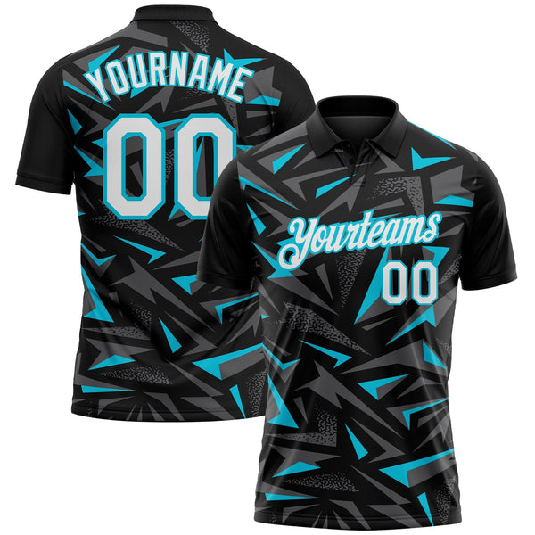 Custom Black White Steel Gray-Lakes Blue Cyber Mecha E-sport Geometric Shards Spike Performance Polo Shirt