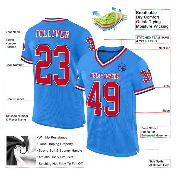 Custom Powder Blue Red-Navy Mesh Authentic Throwback Football Jersey alternate