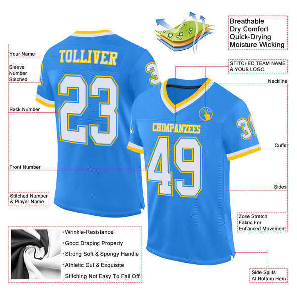 Custom Powder Blue White-Gold Mesh Authentic Throwback Football Jersey alternate
