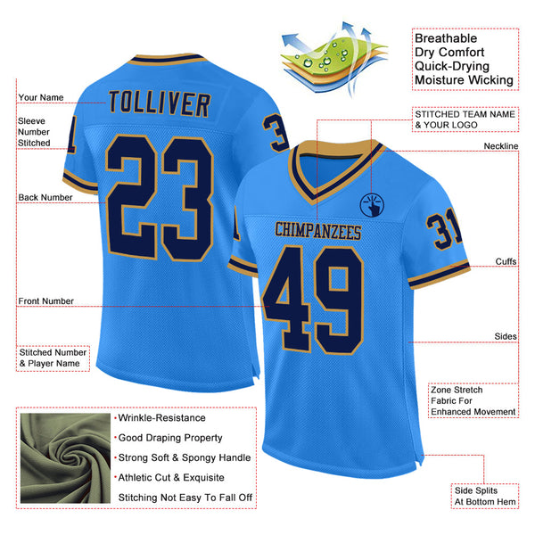 Custom Powder Blue Navy-Old Gold Mesh Authentic Throwback Football Jersey alternate