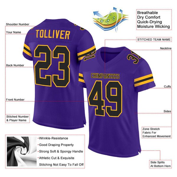 Custom Purple Black-Gold Mesh Authentic Football Jersey alternate