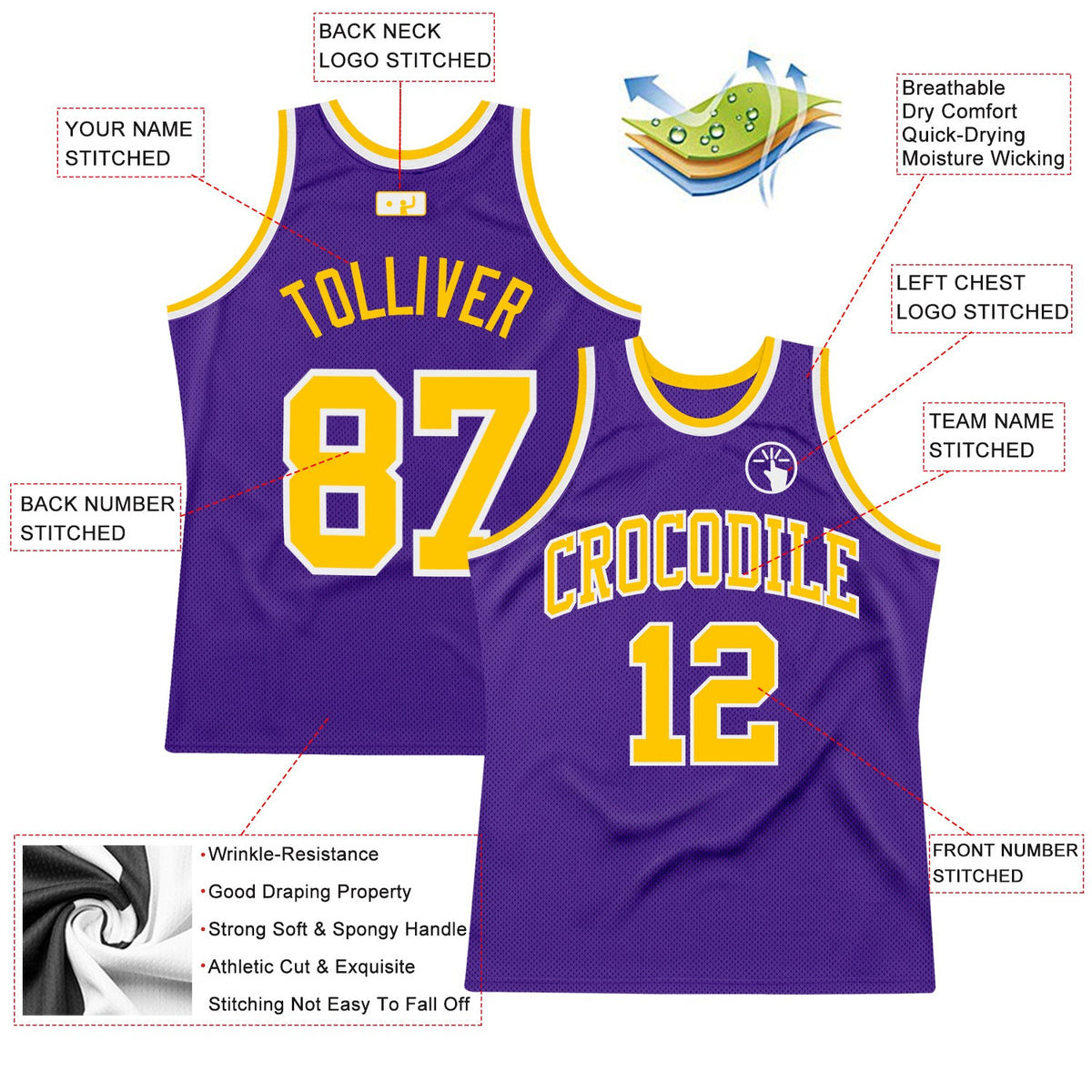 Custom Purple Gold-White Authentic Throwback Basketball Jersey - Back