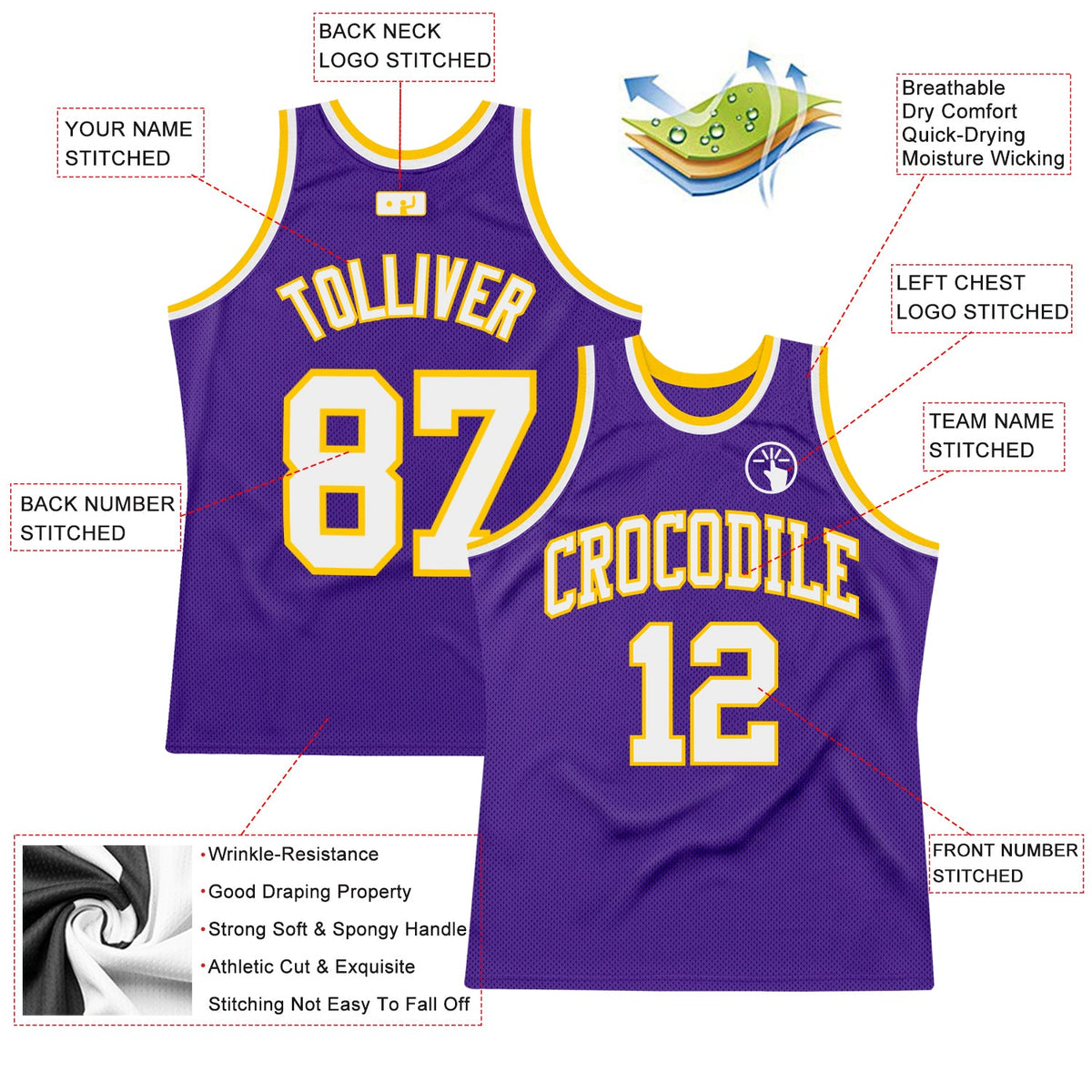 Custom Purple White-Gold Authentic Throwback Basketball Jersey - Front