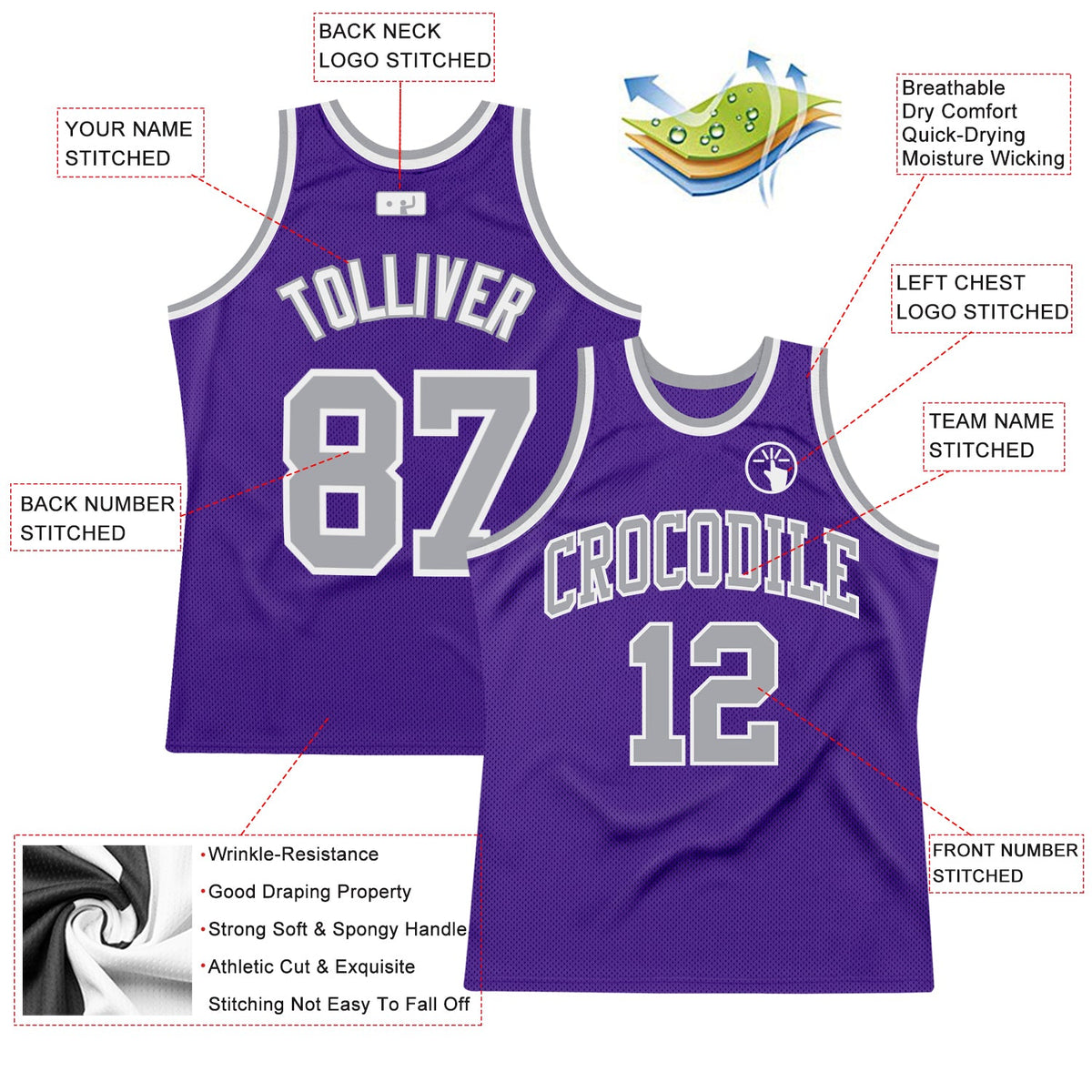 Custom Purple Gray-White Authentic Throwback Basketball Jersey - Back