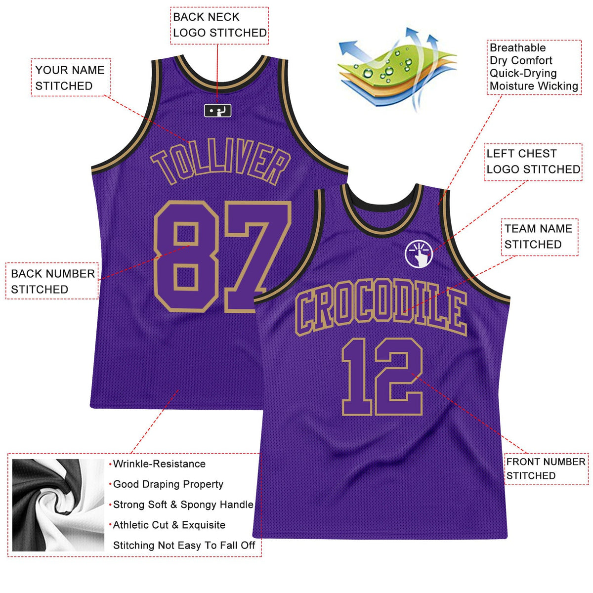 Custom Purple Purple Old Gold-Black Authentic Throwback Basketball Jersey - Back