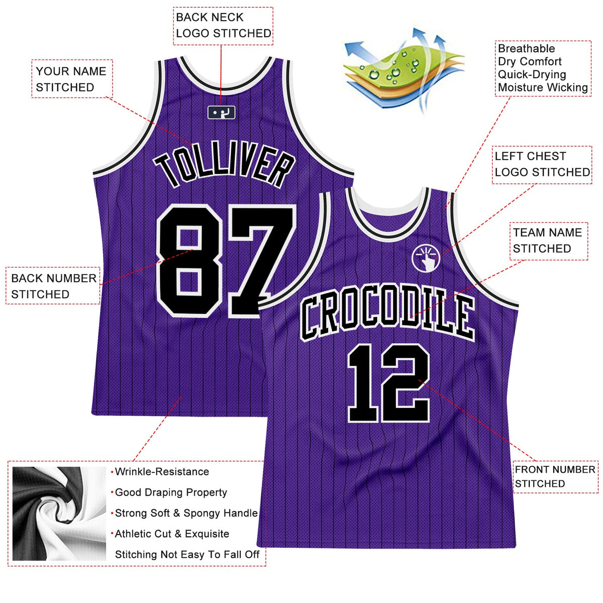 Custom Purple Black Pinstripe Black-White Authentic Basketball Jersey - Back