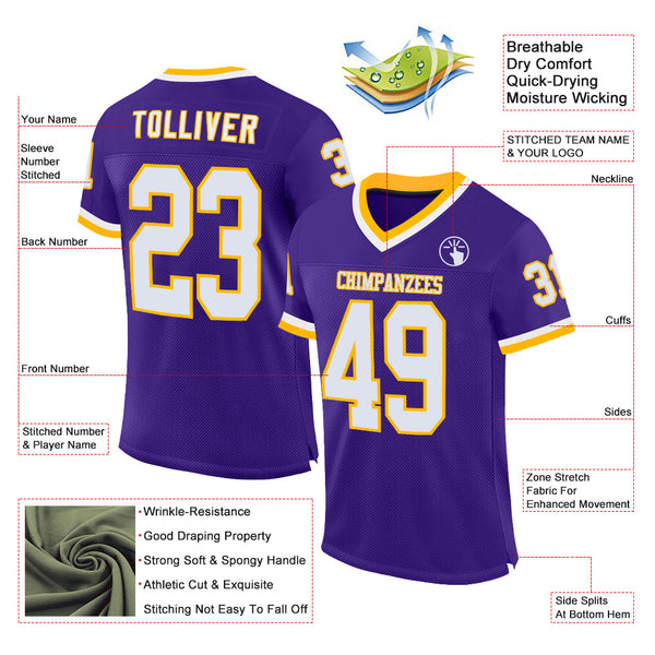 Custom Purple White-Gold Mesh Authentic Throwback Football Jersey alternate