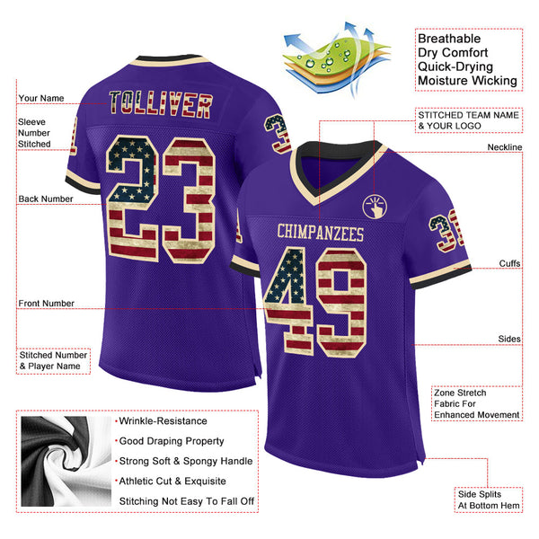 Custom Purple Vintage USA Flag Cream-Black Mesh Authentic Throwback Football Jersey alternate