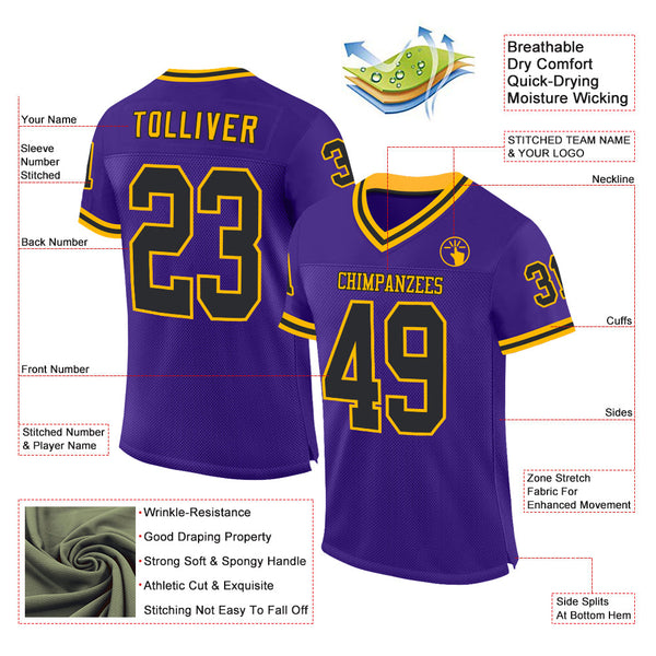 Custom Purple Black-Gold Mesh Authentic Throwback Football Jersey alternate