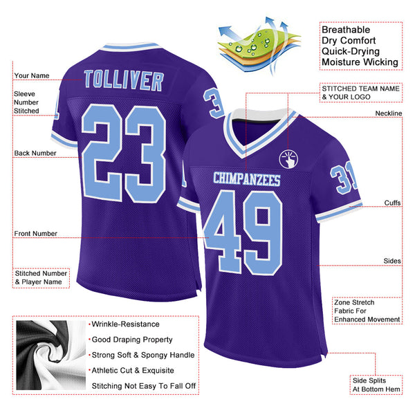 Custom Purple Light Blue-White Mesh Authentic Throwback Football Jersey alternate