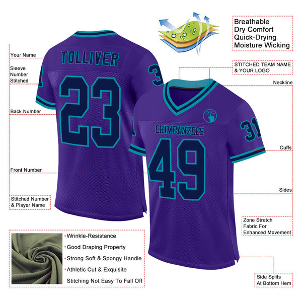 Custom Purple Navy-Teal Mesh Authentic Throwback Football Jersey alternate
